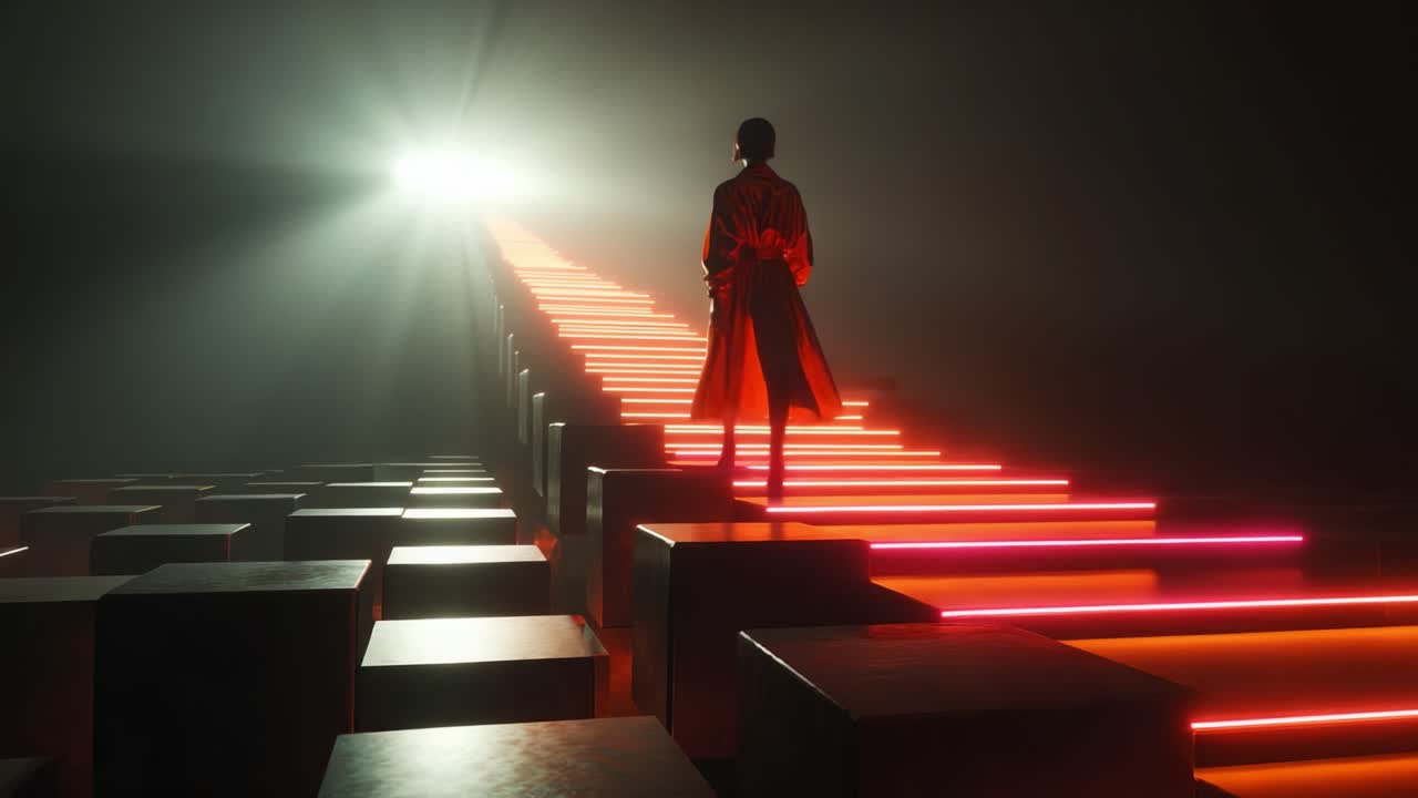 Person Climbing Neon Lit Stairs Towards Bright Light