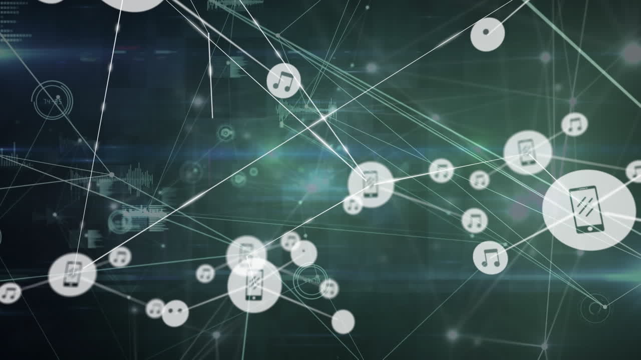 회색 배경의 밝은 반점 위에 빛나는 연결 네트워크와 데이터 처리의 애니메이션