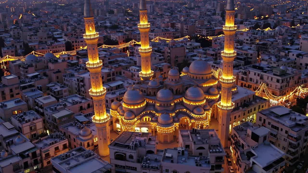 Majestic mosque illuminated with festive lights during Ramadan, standing tall amidst a sprawling cityscape at dusk, creating a serene and spiritual ambiance