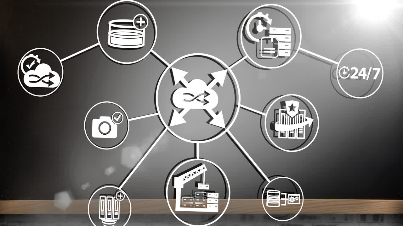 Connected cloud computing icons forming network on gray background with animation