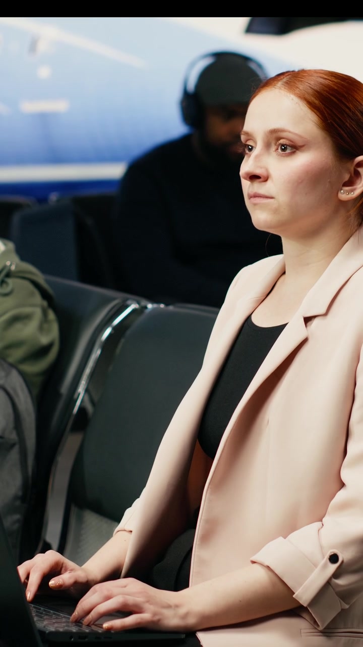 Wideo pionowe: Profesjonalna kobieta przygotowująca się do spotkania biznesowego podczas podróży międzynarodowej