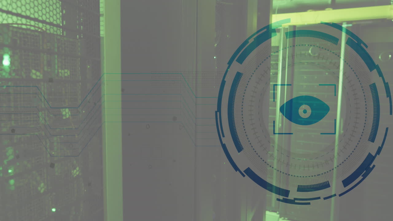 Animation of eye in viewfinder with loading circles over illuminated server racks in server room