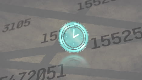 animación del reloj, con humo verde y procesamiento de datos sobre un fondo gris