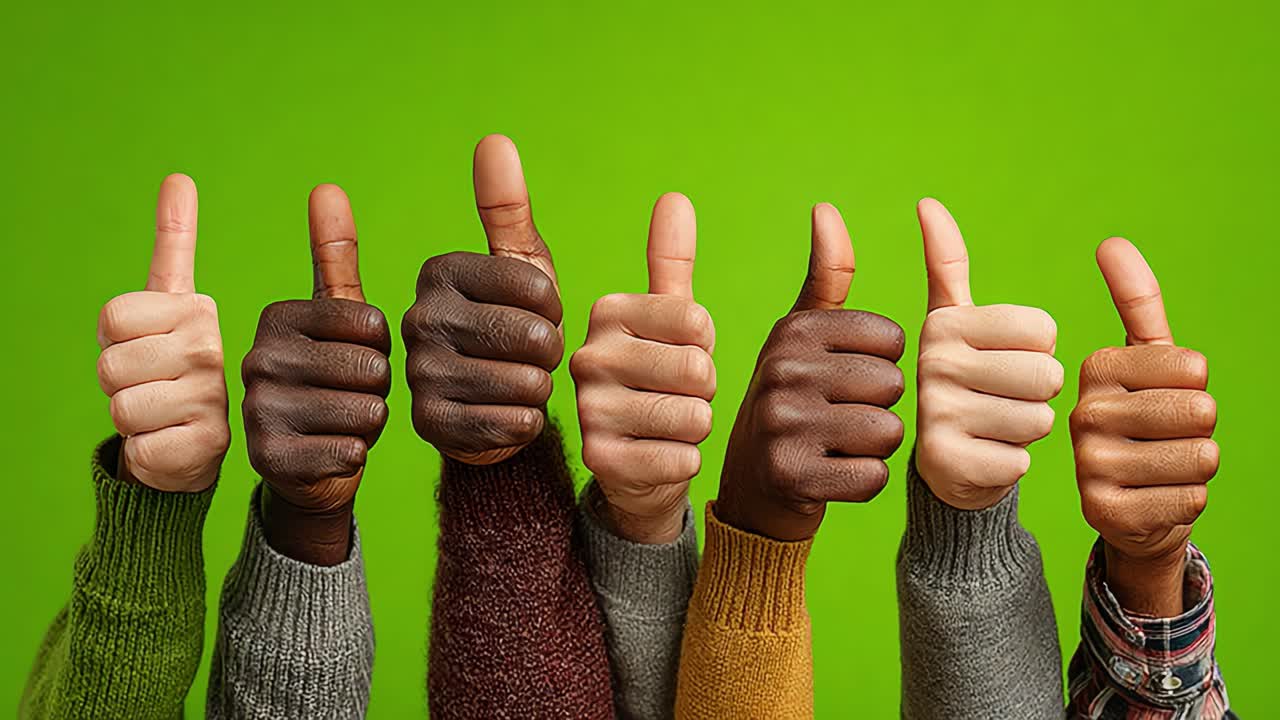 Un groupe diversifié de mains levant le pouce sur un fond vert éclatant, célébrant l’unité et la positivité dans un cadre lumineux et vivant