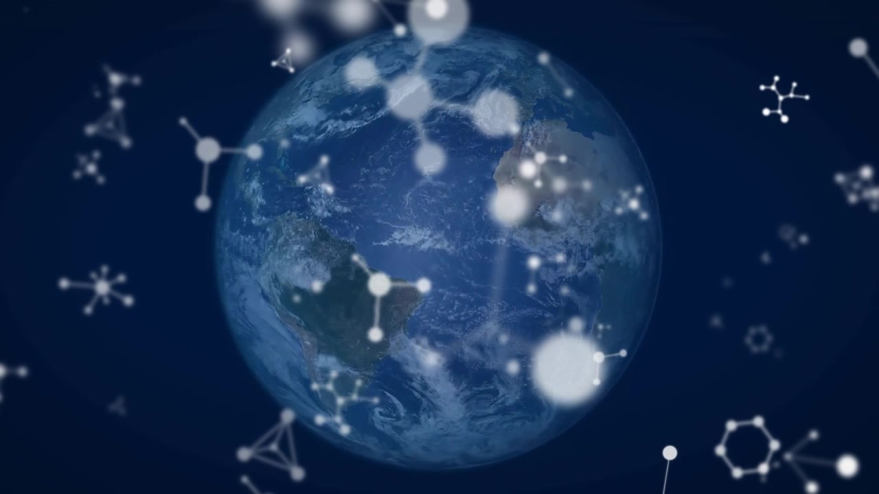 Nodo molecolare fluttuante, che forma una rete 3D attorno a un globo terrestre rotante, mostrando collegamenti dati.