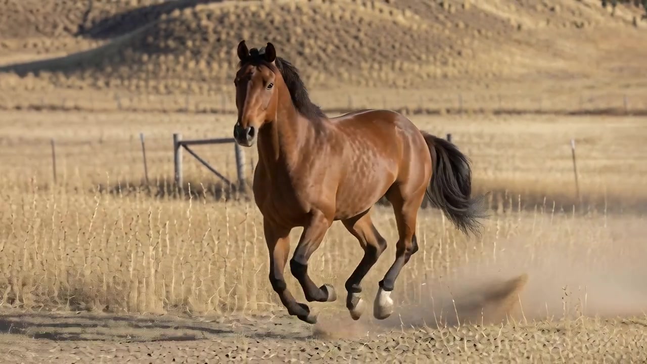 Reagerer på varmt sollys, brun hest galoperer over indhegnet fold, sparker støv op, manen flagrer.