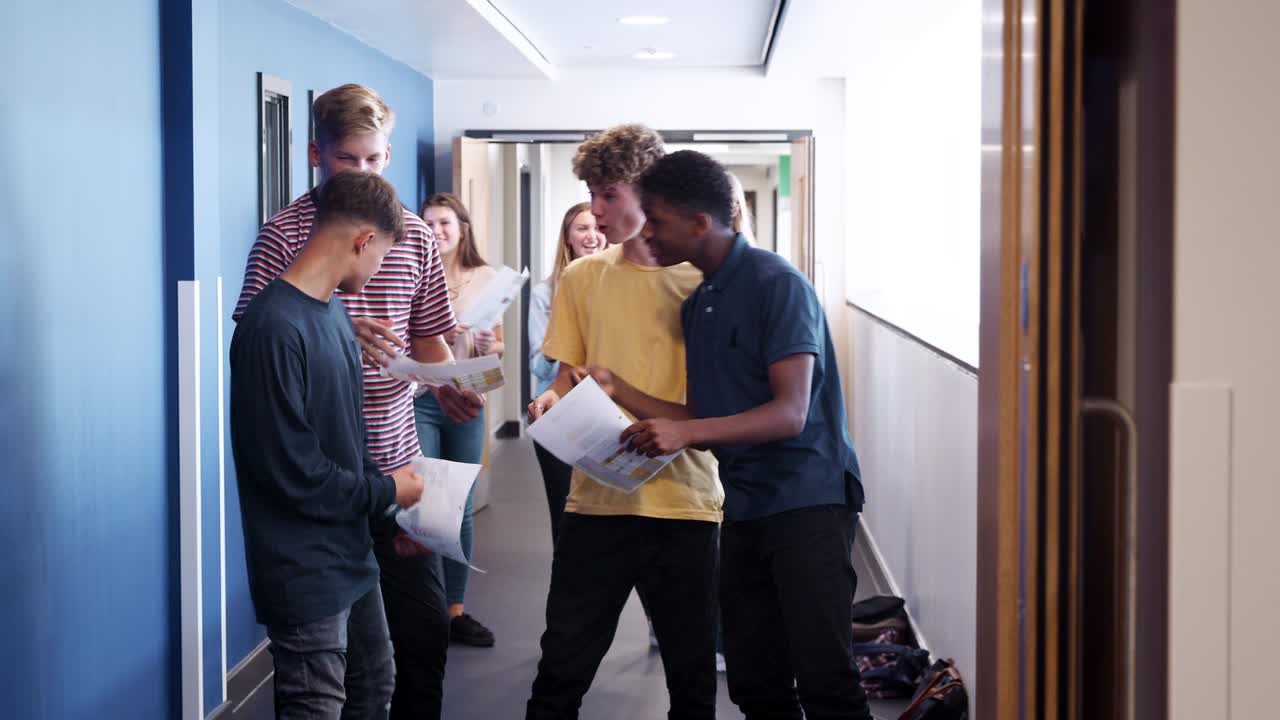 Excited Teenage High School Students Celebrating Exam Results In School Corridor