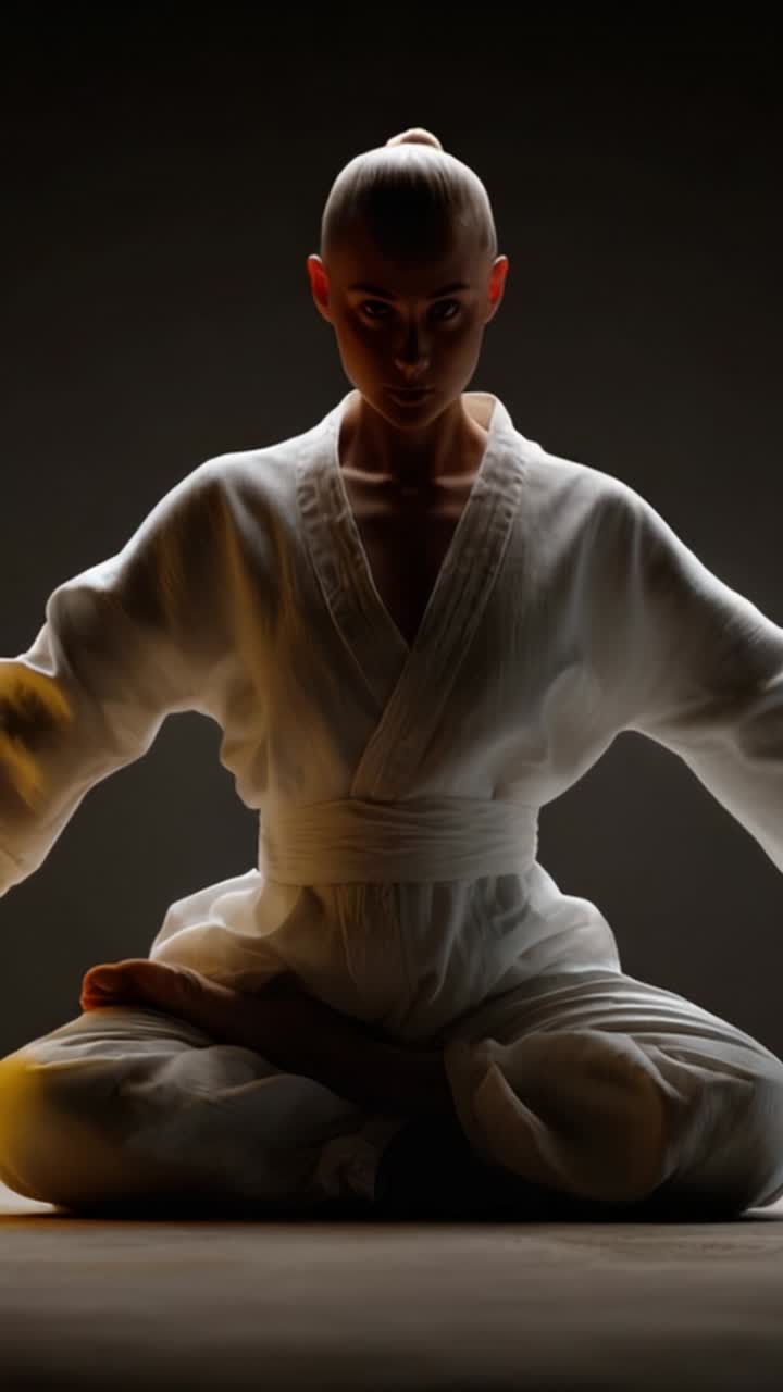 Un momento sereno di meditazione nelle arti marziali: un praticante concentrato in abiti tradizionali si dedica alla consapevolezza e alla tecnica su uno sfondo drammatico