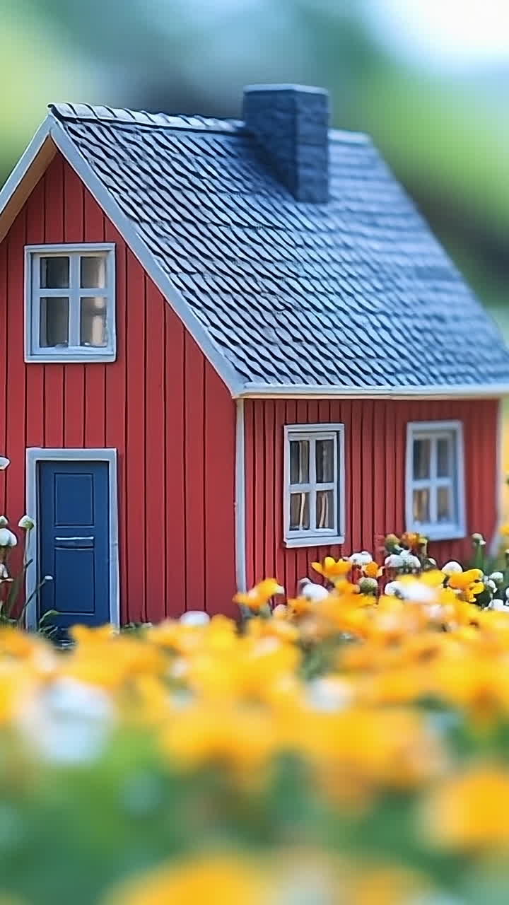 Red house with bright flowers. A small red house stands in a colorful field of flowers under a blue sky, creating a lovely scene.