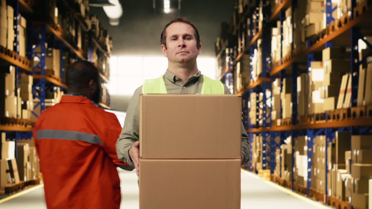 Operaio industriale che gestisce scatole di cartone per la logistica in una struttura.