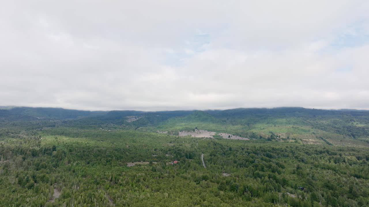 inclinación aérea hacia abajo para revelar la densa vegetación forestal en la patagonia con movimiento de empuje hacia adelante