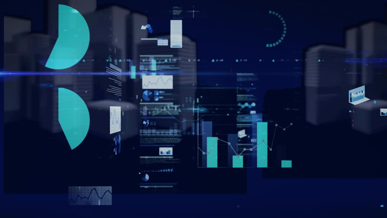 Animation of statistics and data processing over 3d cityscape