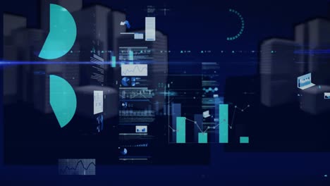 animation of statistics and data processing over 3d cityscape