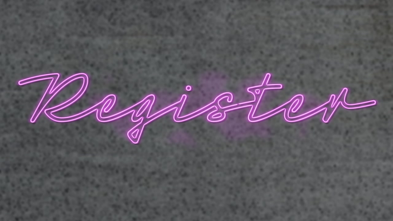 Animazione di un banner di testo "registrati" rosa neon su uno sfondo grigio testurizzato.