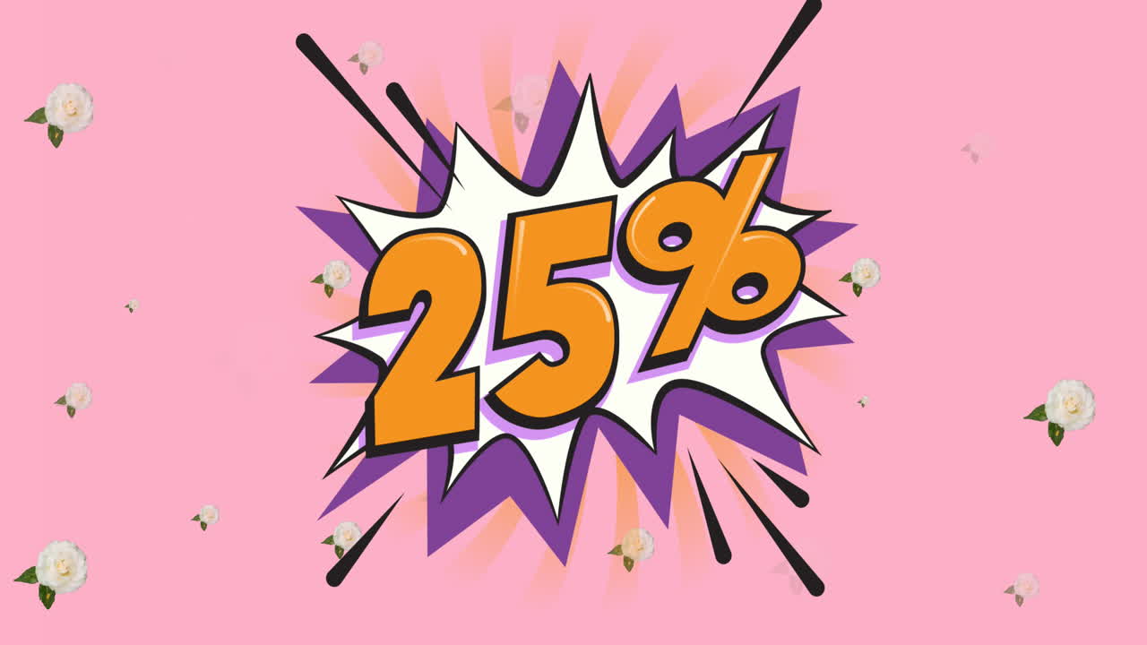 animación de 25 por ciento de texto sobre burbuja de habla y flores que se mueven en movimiento hipnótico