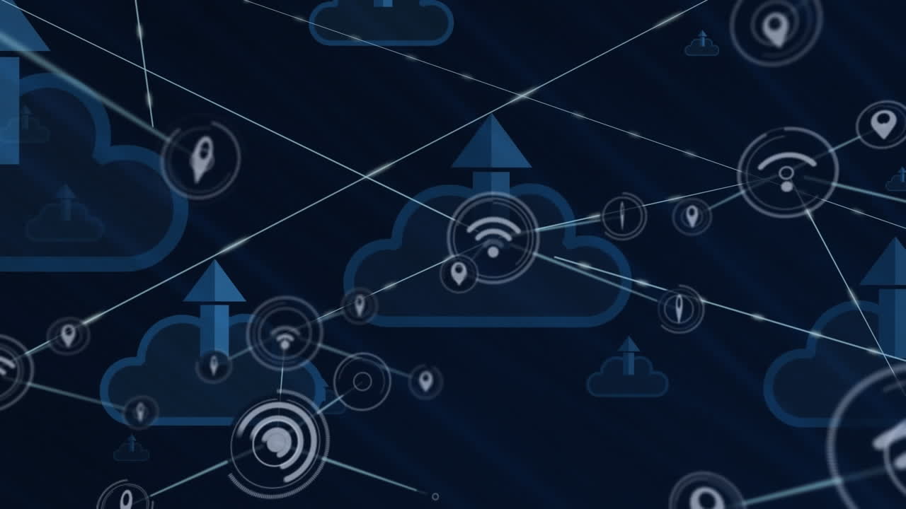 Animation of network of digital icons over cloud upload icons floating against blue background