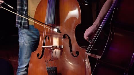 Dos-Hombres-Con-Ropa-Informal-Tocando-El-Contrabajo-En-Una-Orquesta