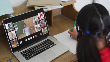 Schoolgirl-using-laptop-for-online-lesson-at-home,-with-diverse-teacher-and-class-on-screen