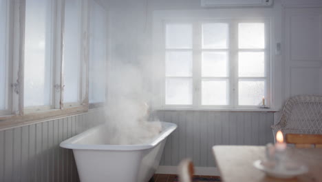 man takes relaxing steam bath for muscle relief with burning candle on table