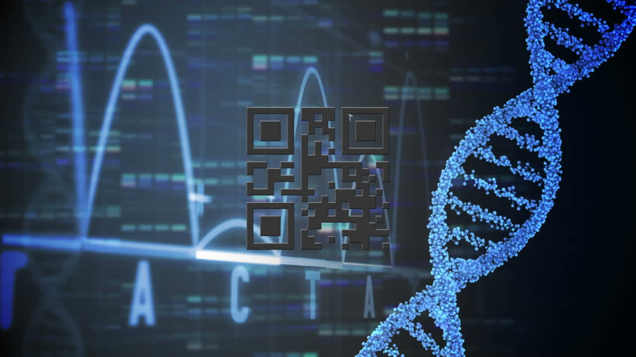 Digital animation of neon pink qr code over dna structure spinning and ecg graph on black background