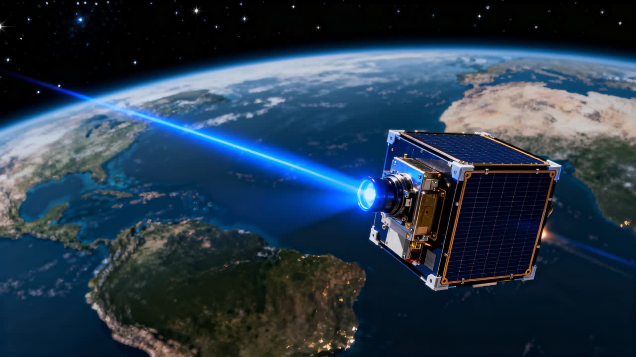 CubeSat udsender en blå stråle mod Caribien efter kommando og kører en downlink-test for satellitkommunikation.