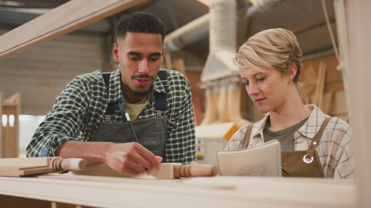 Male And Female Apprentices Working As Carpenters In Furniture Workshop Measure Wood And Take Notes