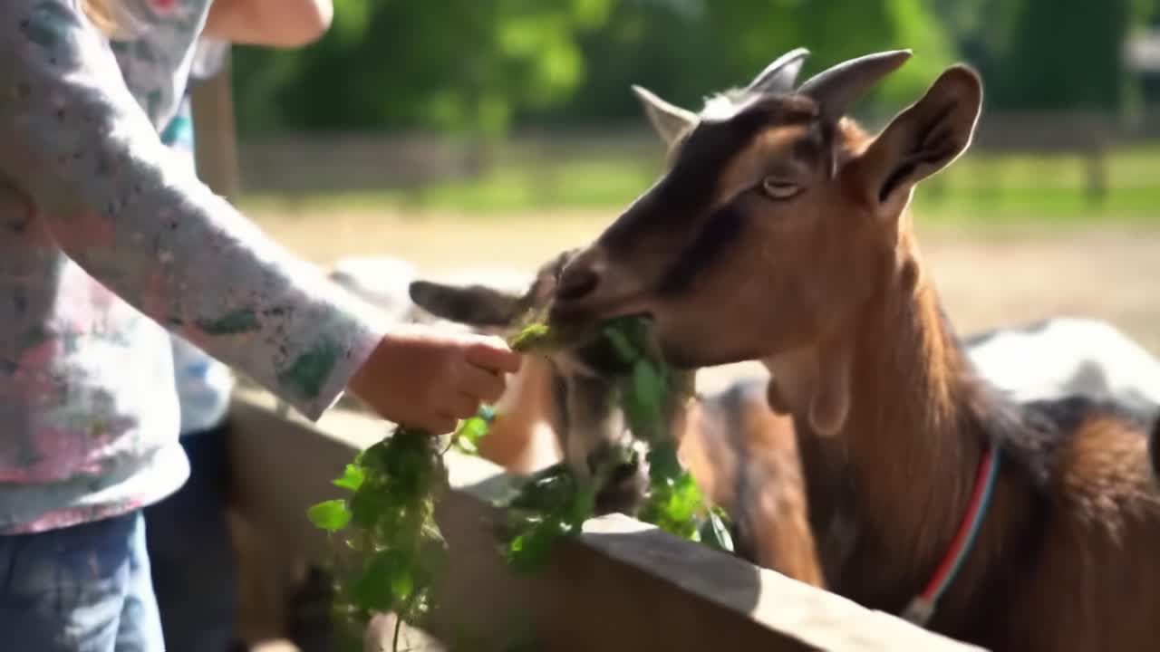 Children Feeding Goats Fresh Greens in a Sunny Farmyard Setting, Capturing the Joy of Farm Life and the Bond Between Kids and Animals