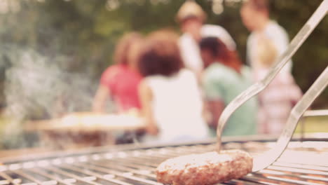 In-slow-motion-burger-on-flaming-barbecue-in-the-park