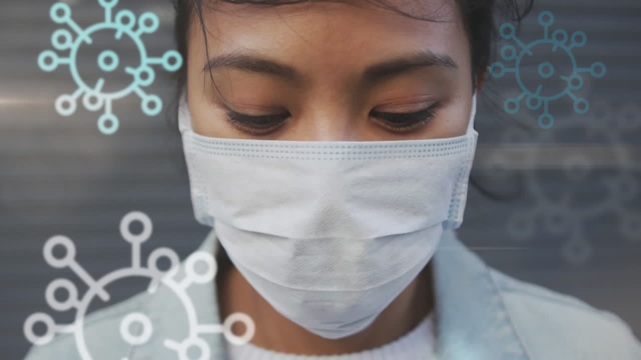 Animation of a woman with a mask in the street over macro bacteria icons