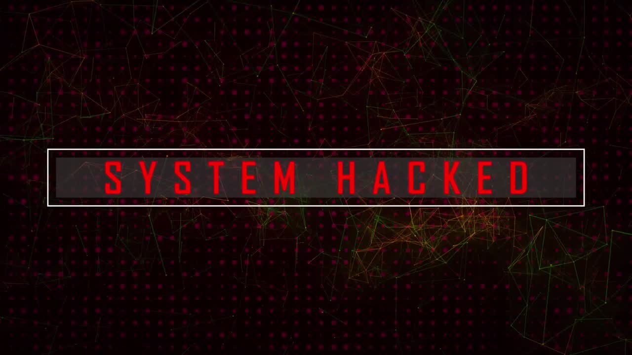 Animation of system hacked text against network of connections with glowing spots