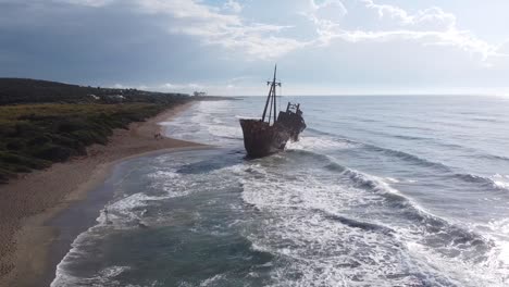 Dimitrios-Shipwreck-at-Valtaki-Beach,-Gythio-Glyfada,-Peloponnese,-Greece---Aerial-Drone-View