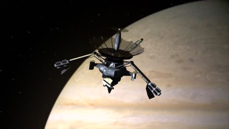 photo realistic 3d cgi animated render of the galileo orbiter spacecraft in orbit around the planet jupiter as it spins slowly, and as we push in closer to the famous probe