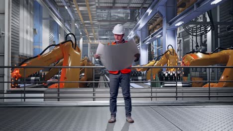 full body of asian male engineer with safety helmet looking at blueprint in his hands and looking around while standing with industrial robotic arms working