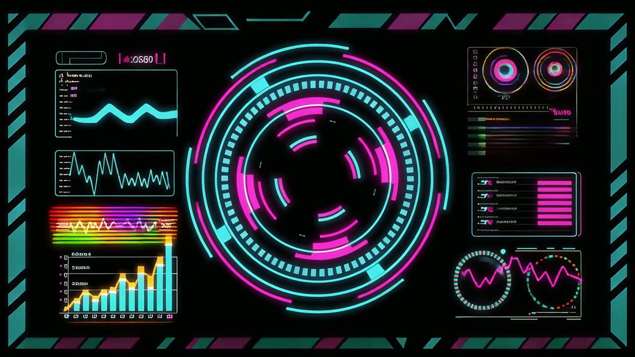 Futuristic HUD Display with Neon Data Visualizations
