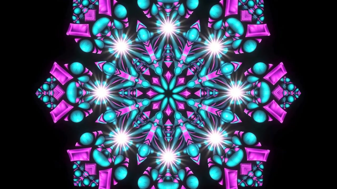 Composição frontal mostrando uma mandala caleidoscópica ciano neon e magenta centralizada contra um fundo preto sólido, com simetria radial completa formada por esferas repetidas, pétalas arredondadas e formas facetadas.
