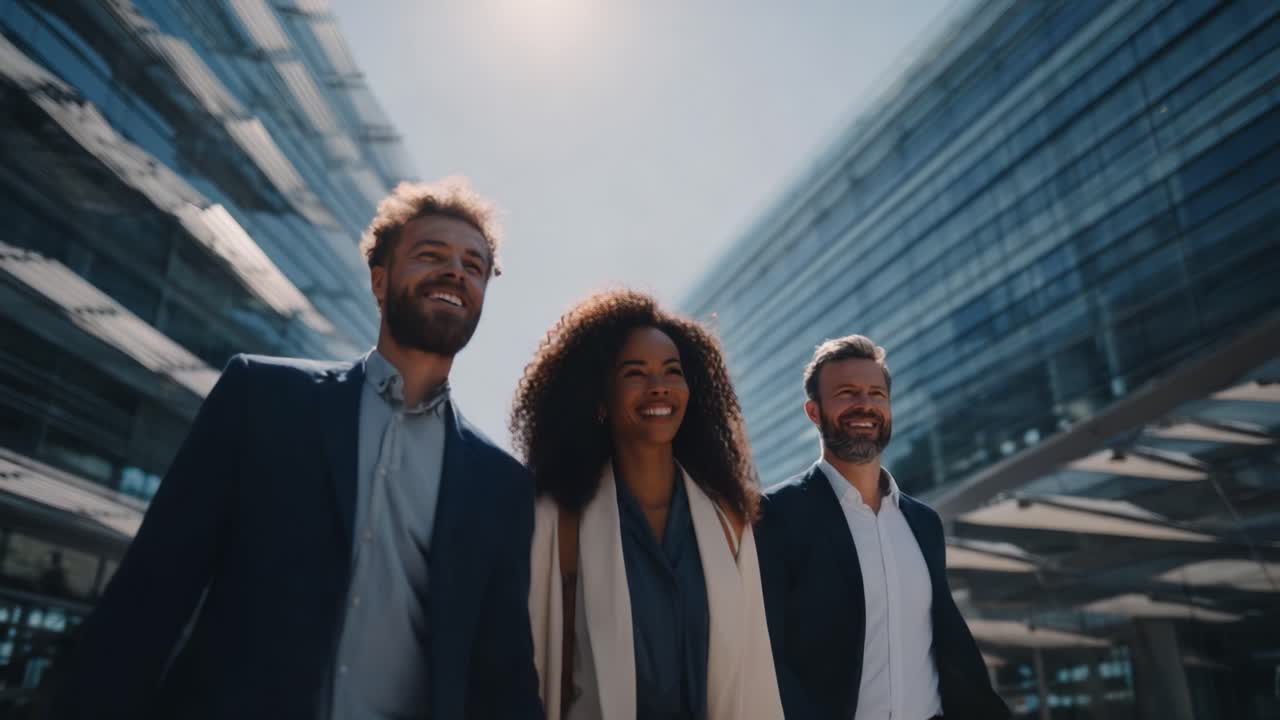 Professional Team Striding Confidently through Modern Architecture on a Bright Day, Showcasing Unity and Purpose in a Dynamic Urban Environment