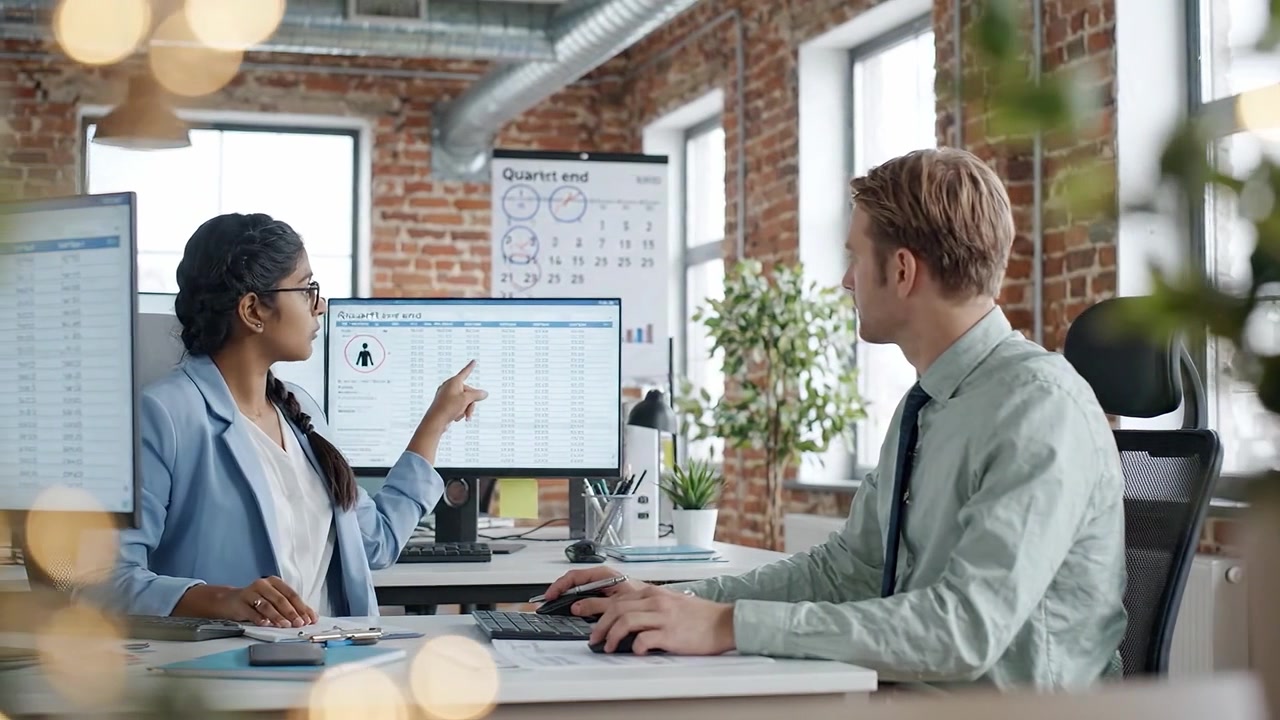 Focused Professionals Working Together in a Modern Office Space Analyzing Data and Collaborating on Digital Devices to Achieve Team Goals and Objectives
