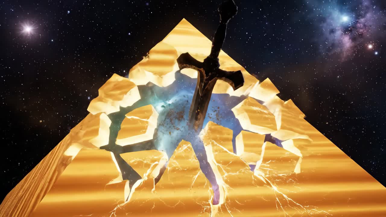 Sword Breaking Through a Golden Pyramid in Space