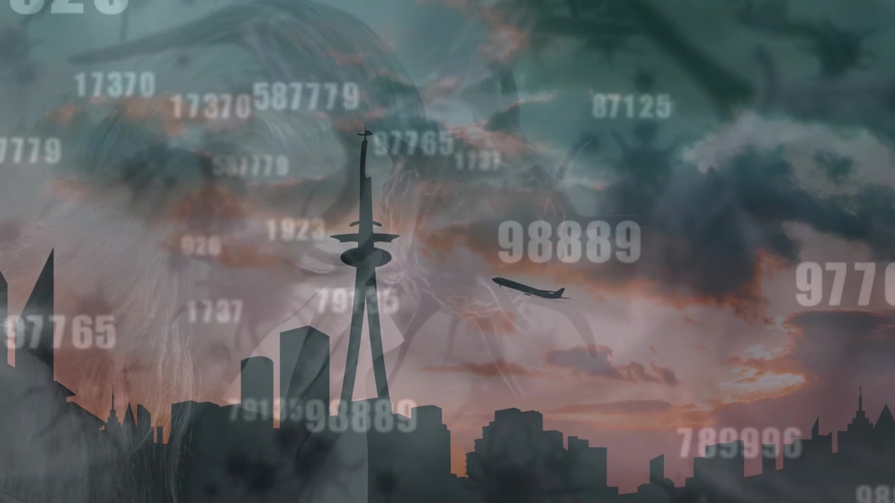 Animering av databehandling och virusceller över stadslandskap
