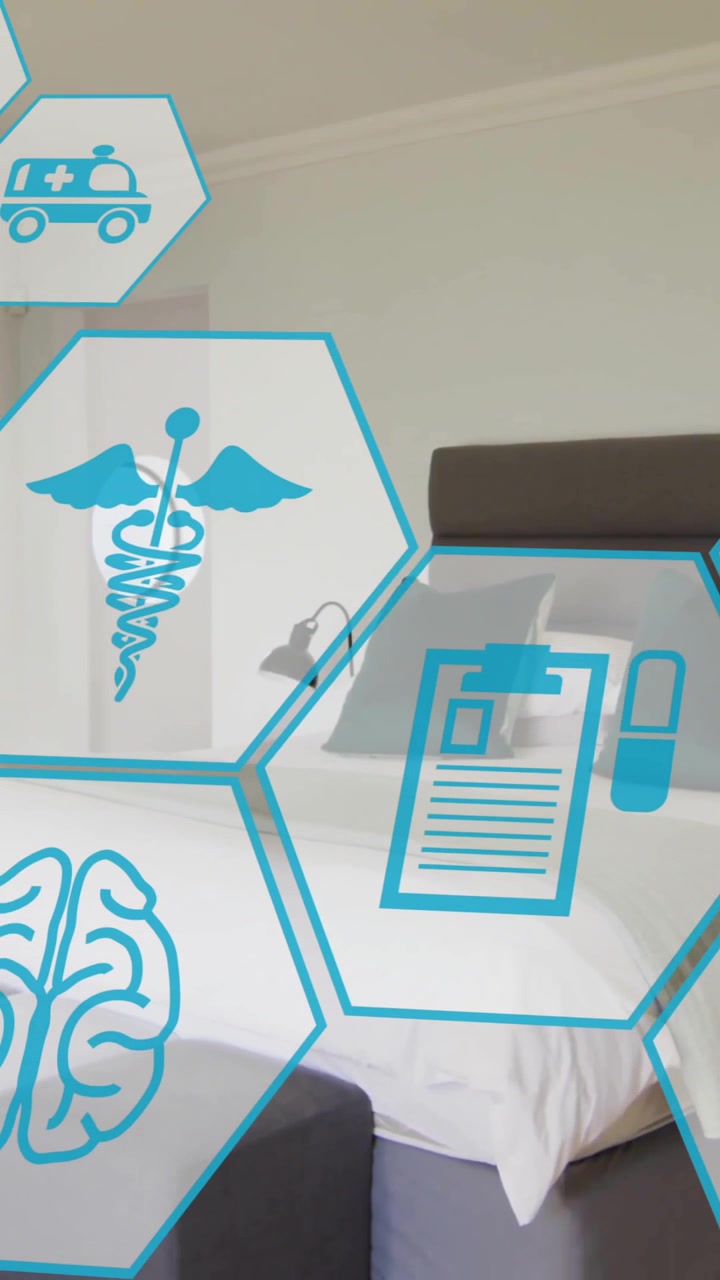 Animazione di una rete di icone mediche su un letto.