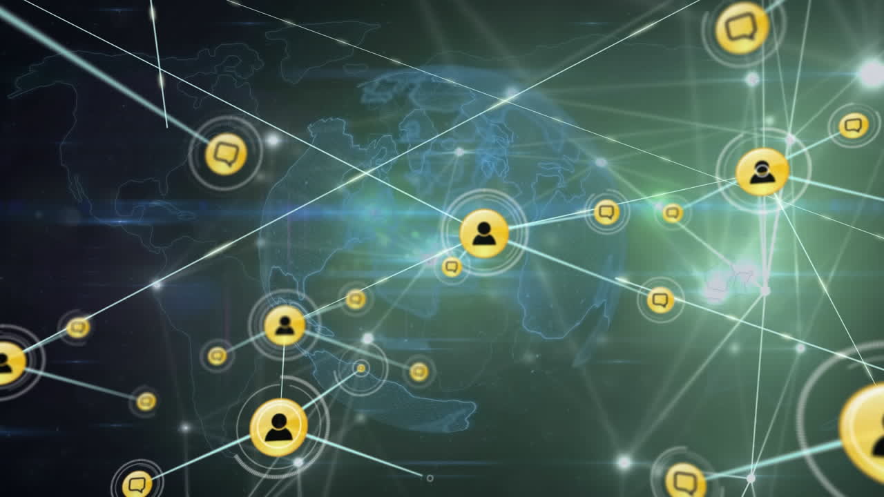Animazione di rete luminosa di connessioni su mappamondo rotante e mappa mondiale su sfondo grigio.