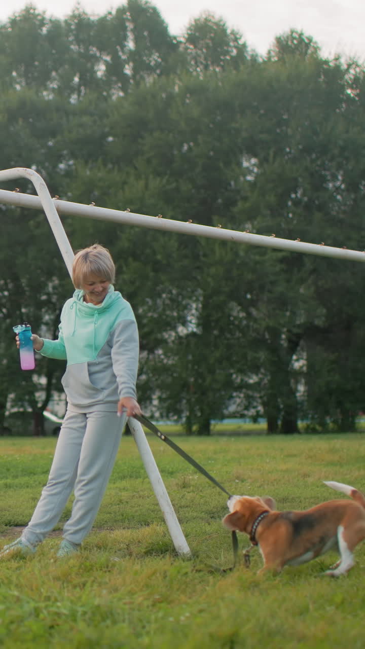 Senior white woman walking beagle outdoors. Casual owner alternates between playful trainer, patient walker, and caring companion by soccer goalpost, sipping water from reusable bottle while guiding