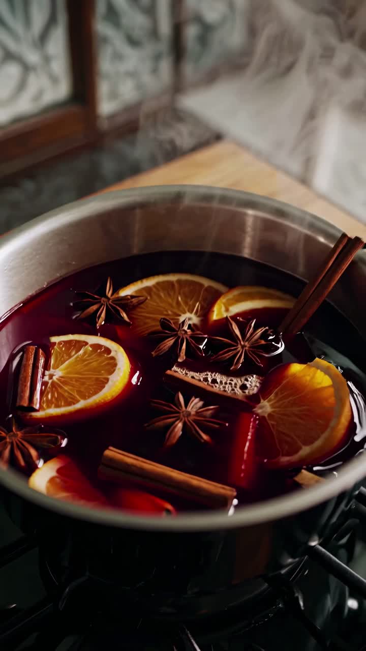 Top-down video shot of a pot with mulled wine, featuring orange slices, star anise, and cinnamon
