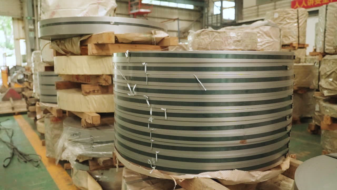 Grandi rotoli di nastro d'acciaio sono impilati e stoccati all'interno di una fabbrica di lavorazione dei metalli industriale in Cina. Le materie prime vengono preparate per applicazioni di produzione, fabbricazione e industria pesante.