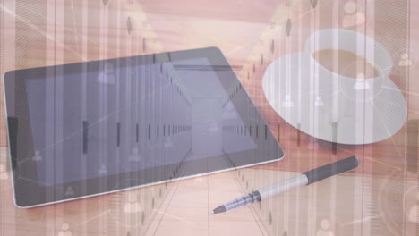 animación de la red de iconos de perfil sobre tableta digital, bolígrafo y taza de café contra la sala del servidor