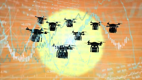 Animation-of-drones-holding-cardboard-boxes-statistics-showing-over-a-sunset-in-the-background