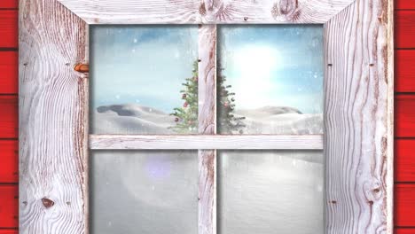 animation of snow falling and christmas tree in winter scenery seen through window