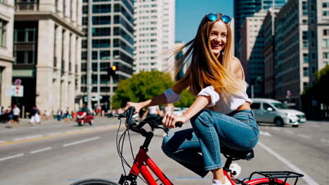 young woman enjoying a bicycle ride in the city