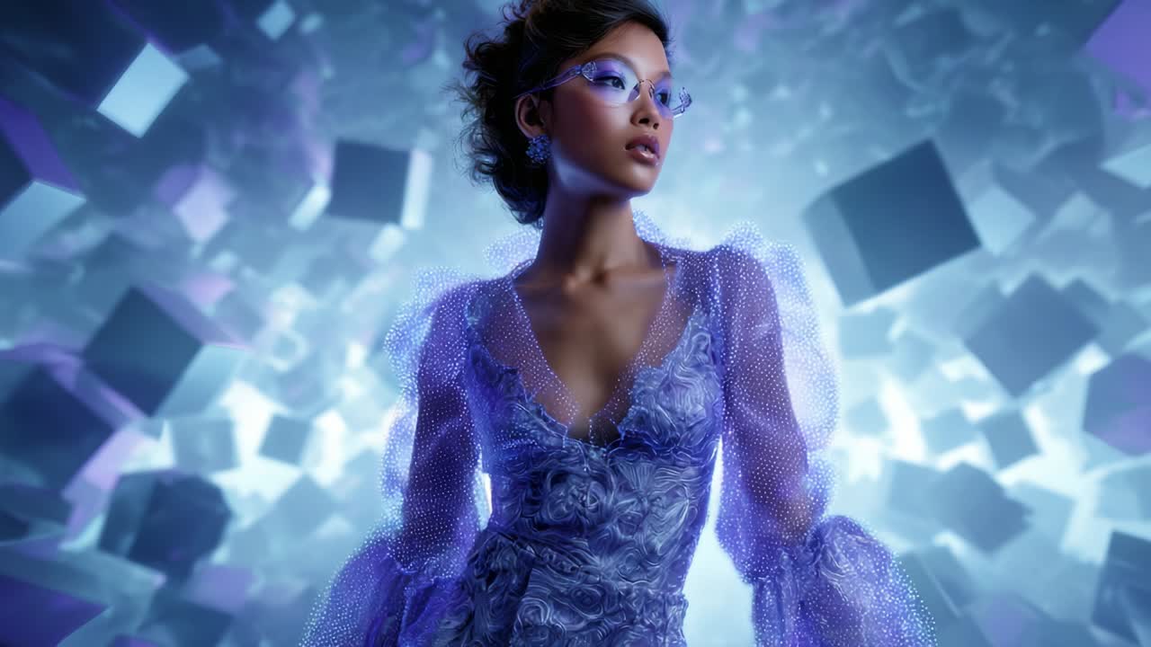A Striking Fashion Moment Captured in Two Frames: An Elegantly Dressed Individual Posed in a Dreamlike Environment Filled with Ethereal Light and Geometric Shapes, Showcasing Style and Imagination