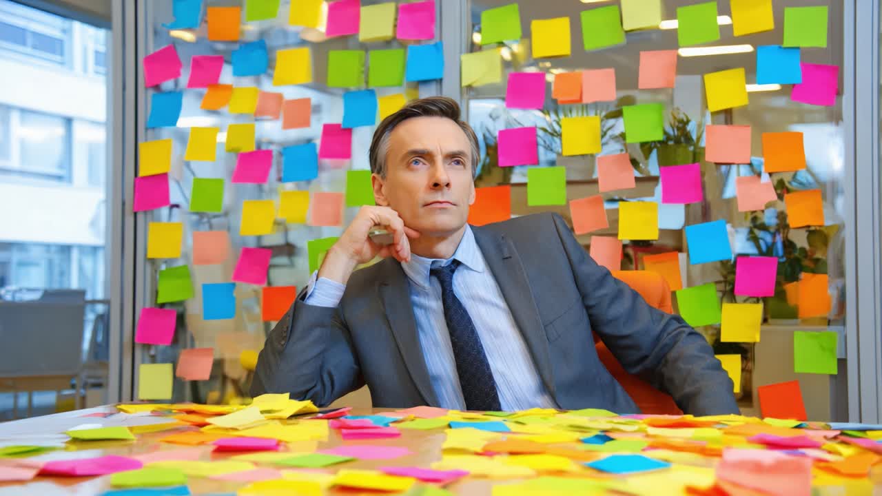 A Pensive Businessman Surrounded by Colorful Sticky Notes Reflecting on Ideas and Strategies in a Modern Office Environment